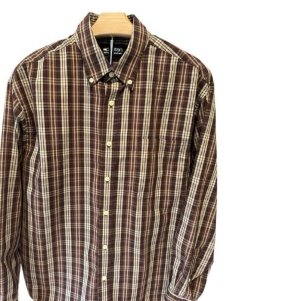 Men’s Dress Shirt  Size M 38/40 Brown Checkered  Wrinkle‎ Resistance Puritan
